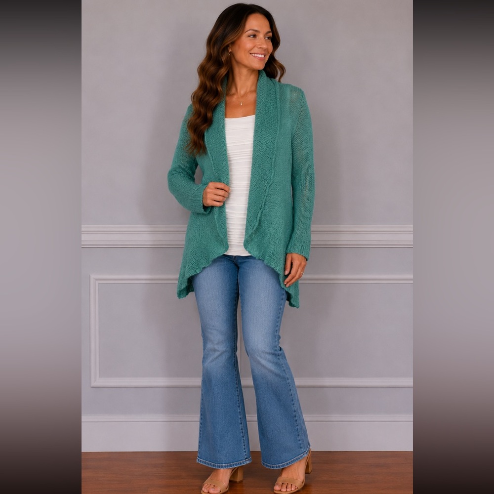 WOODEN SHIPS Paola Buendia Open-Front Teal Knit Sweater Cardigan Size Medium